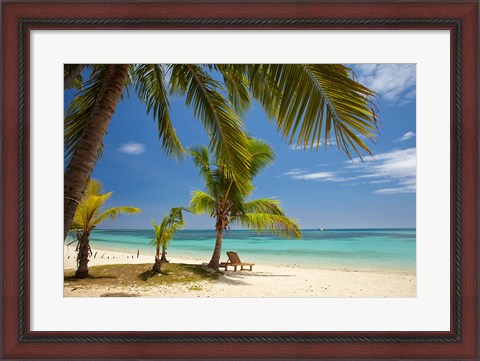 Framed Beach, palm trees and lounger, Plantation Island Resort, Malolo Lailai Island, Mamanuca Islands, Fiji Print