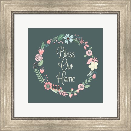 Framed Bless Our Home Floral Teal Print