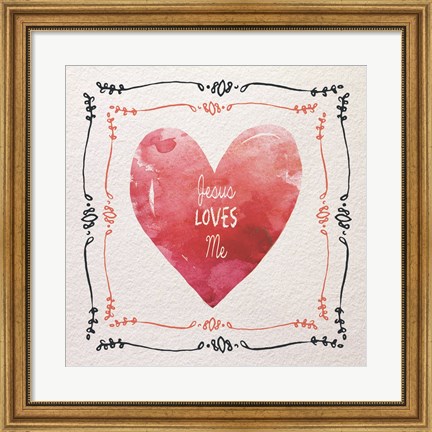 Framed Watercolor Heart Jesus Loves Me Print