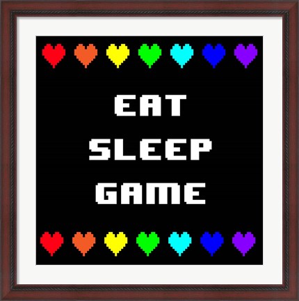 Framed Eat Sleep Game -  Black with Pixel Hearts Print