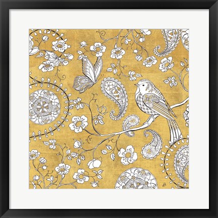 Framed Color my World Bird Paisley I Gold Print