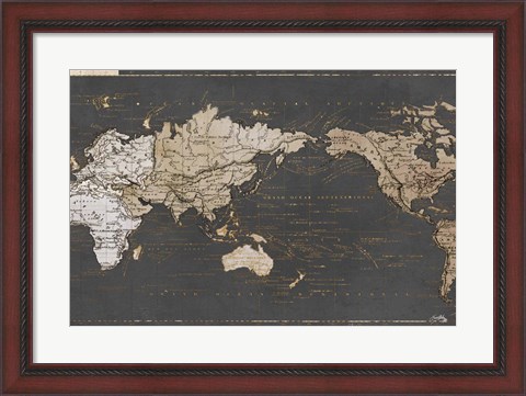 Framed World Map in Gold and Gray Print