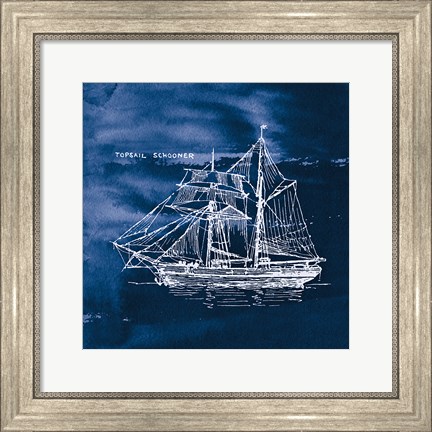 Framed Sailing Ships V Indigo Print