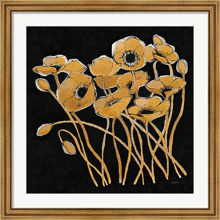 Framed Gold Black Line Poppies I v2 Print