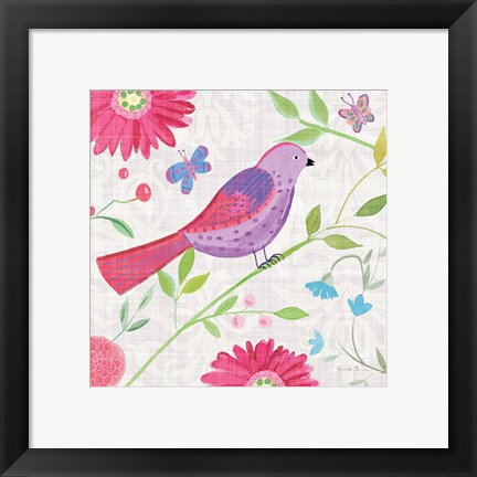 Framed Damask Floral and Bird I Sq Print