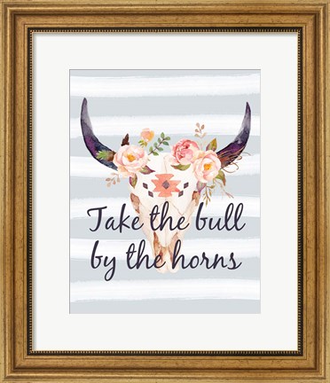 Framed Bull Skull on Stripes III Print