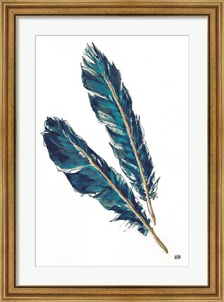 Framed Gold Feathers III Indigo Print