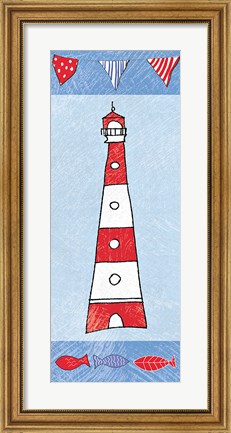 Framed Coastal Lighthouse I on Blue Print