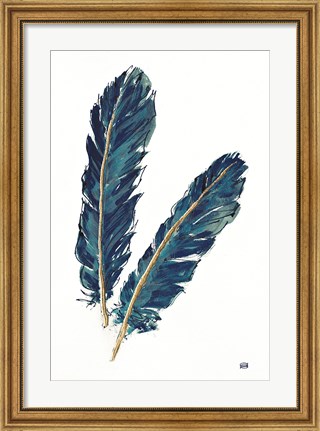 Framed Gold Feathers IV Indigo Print