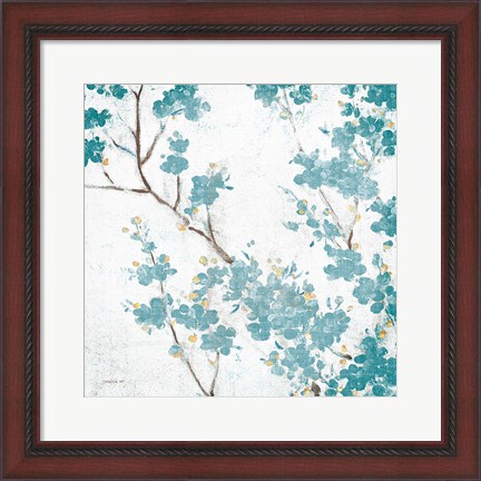 Framed Teal Cherry Blossoms II on Cream Aged no Bird Print