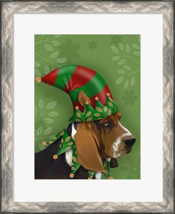 Framed Basset Hound, Elf Hat Print