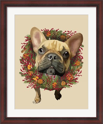 Framed French Bulldog, Cranberry Wreath Print