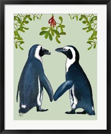 Framed Penguins And Mistletoe Print