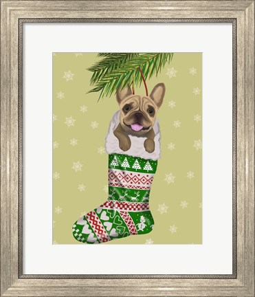 Framed French Bulldog in Christmas Stocking Print