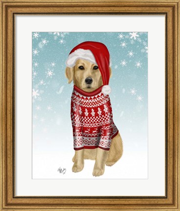 Framed Golden Retriever in Christmas Sweater Print