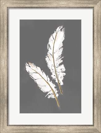 Framed Gold Feathers I on Grey Print