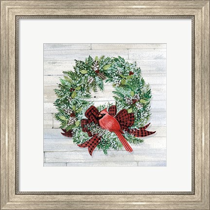 Framed Holiday Wreath I on Wood Print