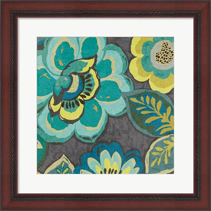 Framed Floral Assortment Teal on Dark Grey Crop I Print