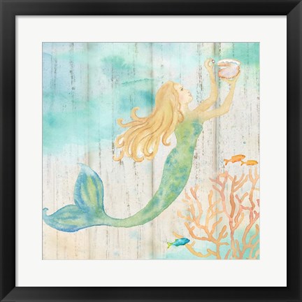 Framed Sea Splash Mermaid Woodgrain I Print