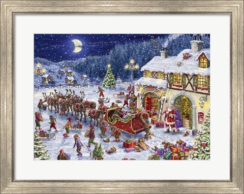 Framed Santa Sleigh and big moon Print