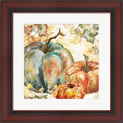 Framed Watercolor Harvest Teal and Orange Pumpkins I Print