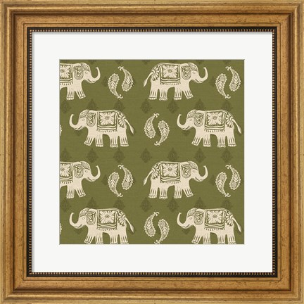 Framed Woodcut Elephant Patterns Print