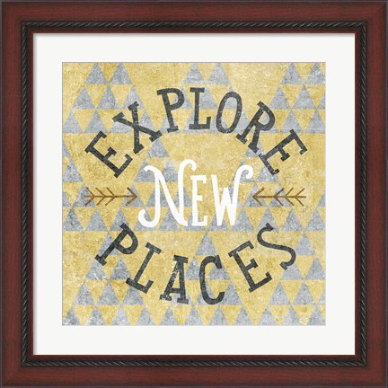 Framed Mod Triangles Explore New Places Gold Print