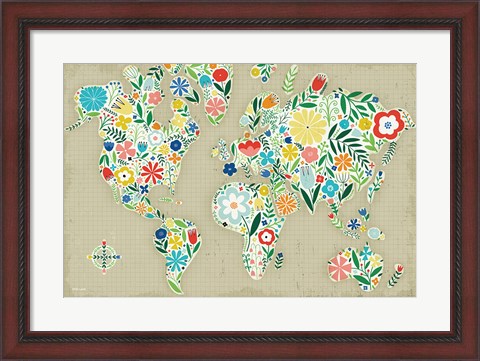 Framed Floral World Tan Print