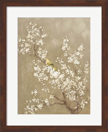 Framed White Cherry Blossom II Neutral Crop Bird Print