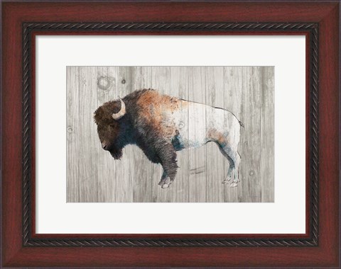 Framed Colorful Bison Dark Brown on Wood Print