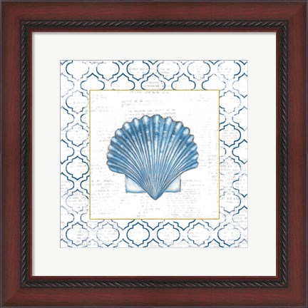 Framed Navy Scallop Shell on Newsprint with Gold Print