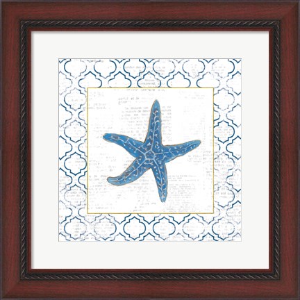 Framed Navy Starfish on Newsprint with Gold Print