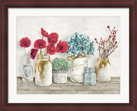 Framed Floral Composition with Mason Jars Print