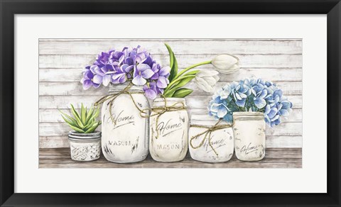 Framed Hydrangeas in Mason Jars Print