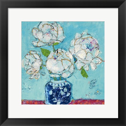 Framed Vase of Peonies Aqua Print