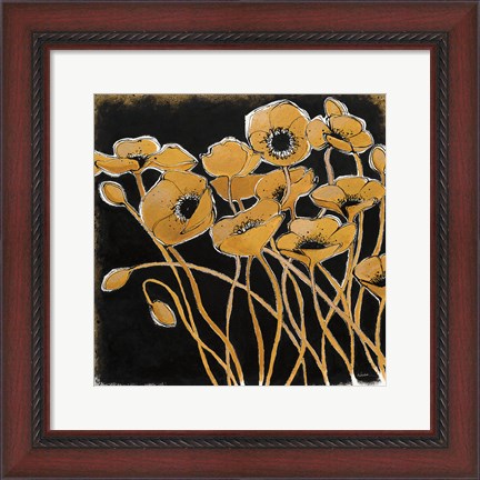 Framed Gold Black Line Poppies I Print