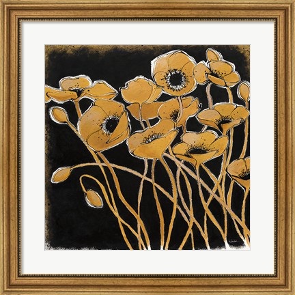 Framed Gold Black Line Poppies I Print