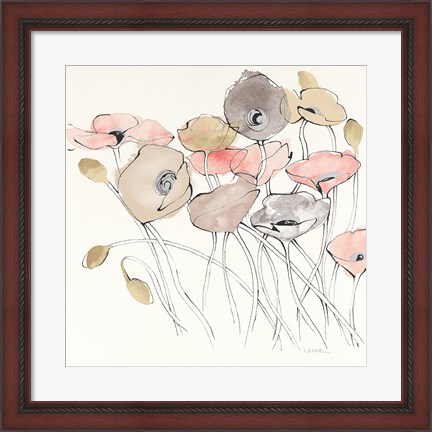 Framed Black Line Poppies I Watercolor Neutral Print