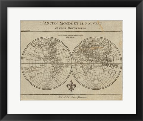 Framed Map of the World Sepia Print