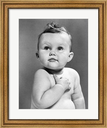 Framed 1950s Baby Looking Up Holding Right Hand Over Heart Print