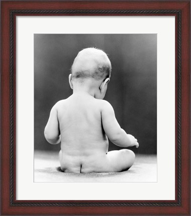 Framed 1930s Naked Baby Sitting On Bare Bottom Behind Print