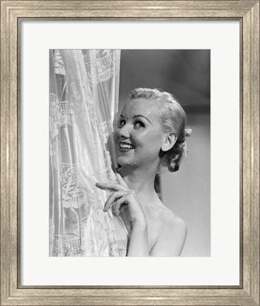 Framed 1950s Wet Blonde Woman Peeking Around Shower Curtain Print