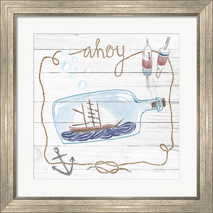 Framed Ship in a Bottle Ahoy Shiplap Print