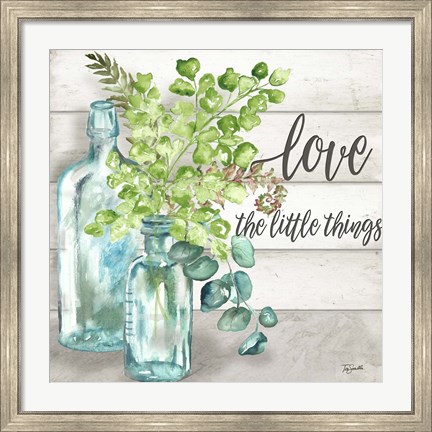 Framed Vintage Bottles and Ferns Square I Print