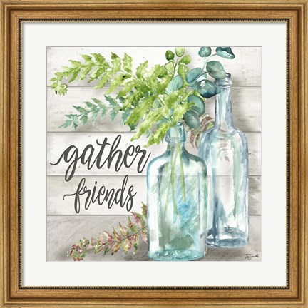 Framed Vintage Bottles and Ferns Square II Print