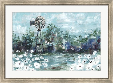 Framed Windmill and Daisies Landscape Print