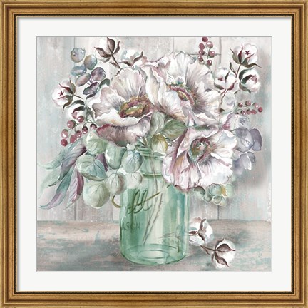 Framed Blush Poppies and Eucalyptus in Mason Jar Print