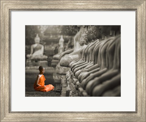 Framed Young Buddhist Monk Praying, Thailand (BW) Print