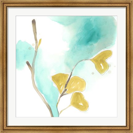 Framed Teal and Ochre Ginko I Print