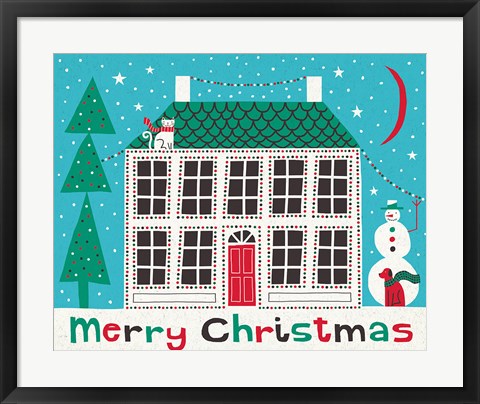 Framed Jolly Holiday Home on Blue Merry Christmas Print